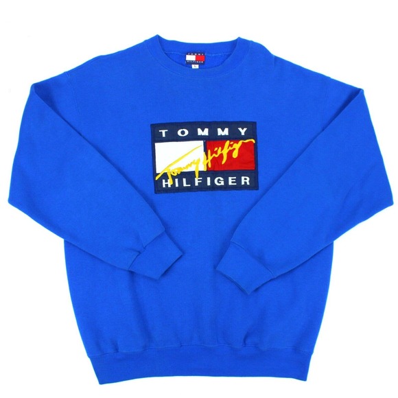 Vintage Tommy Hilfiger Sweatshirt Embroidered Flag Logo Blue Size Large Mens - Picture 1 of 7